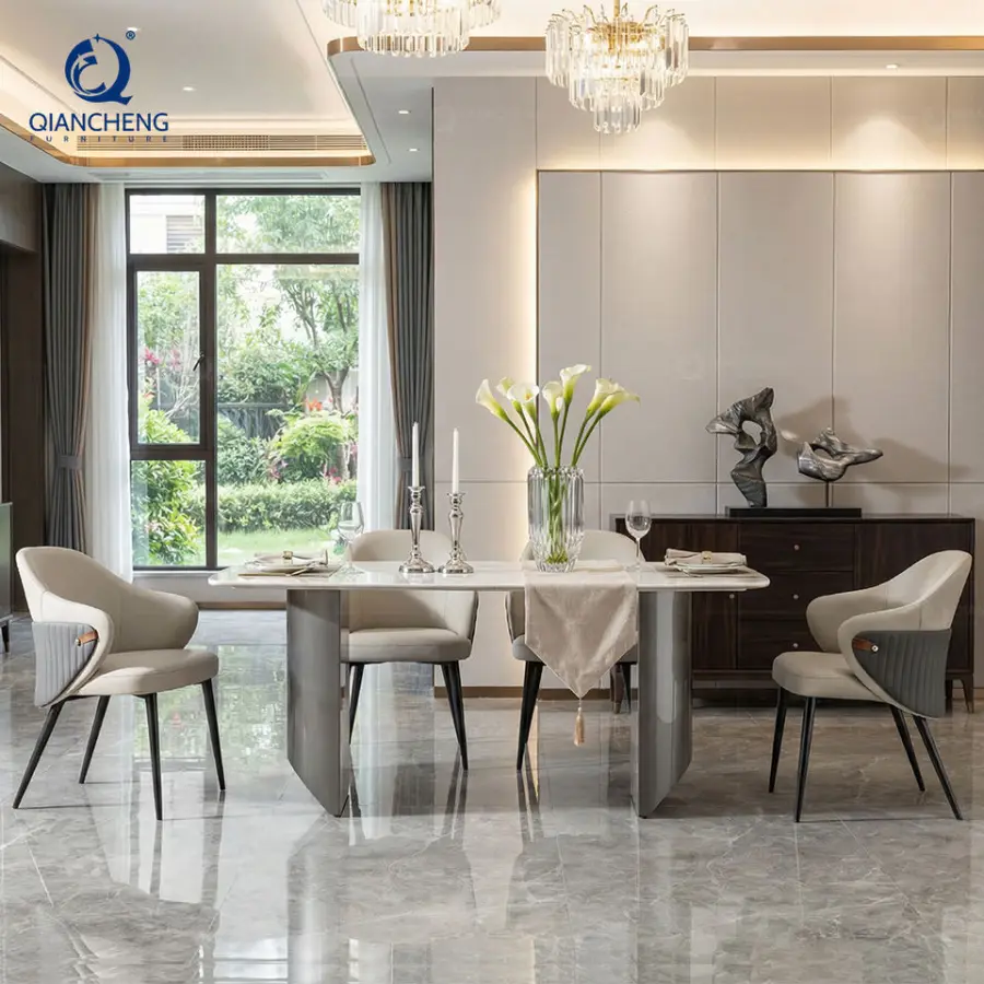 Artificial White Marble Laminate Ss Furniture 6 Seater Long Dyning Room Furniture Set Modern Dining Table — image 3