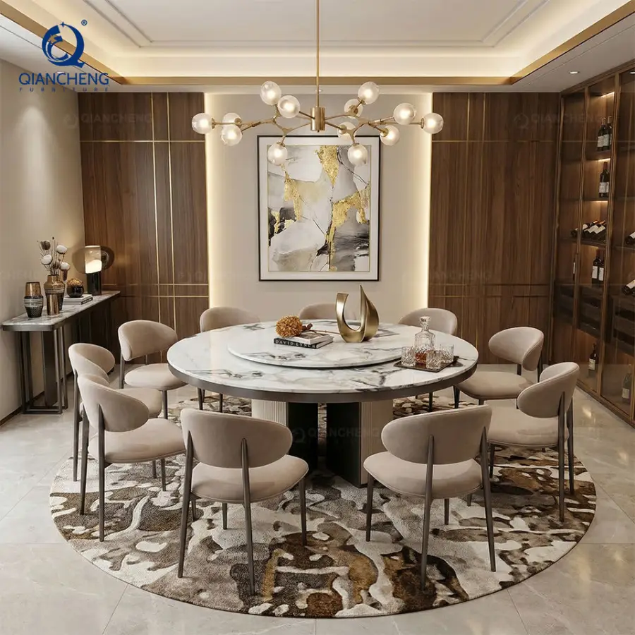 Italian Style Luxury Leather Dining Table Set Home Furniture Marble Stone Round Table with Turntable High-end Restaurant Table — image 3