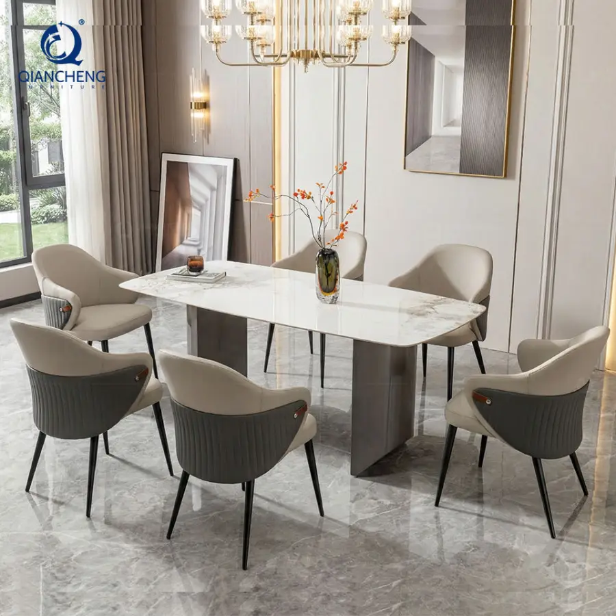 Artificial White Marble Laminate Ss Furniture 6 Seater Long Dyning Room Furniture Set Modern Dining Table — image 4