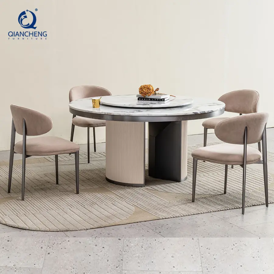 Italian Style Luxury Leather Dining Table Set Home Furniture Marble Stone Round Table with Turntable High-end Restaurant Table — image 4