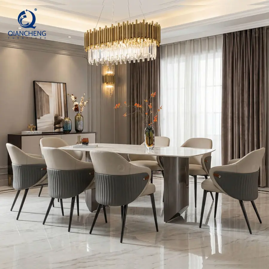 Artificial White Marble Laminate Ss Furniture 6 Seater Long Dyning Room Furniture Set Modern Dining Table — image 5