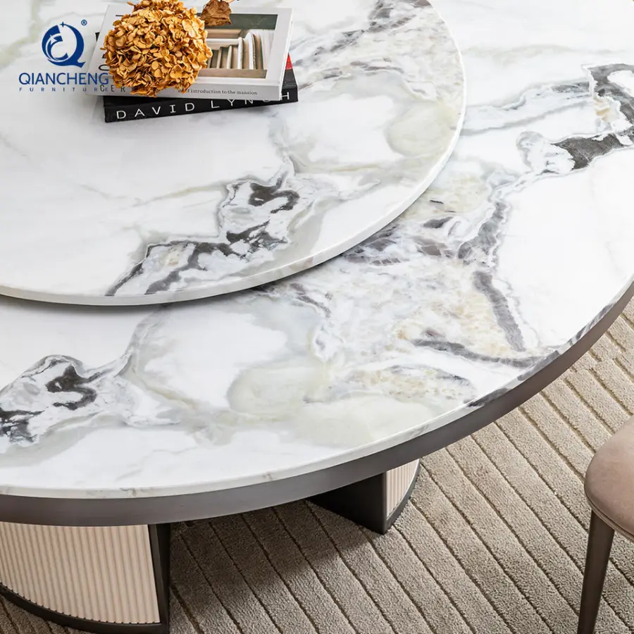 Italian Style Luxury Leather Dining Table Set Home Furniture Marble Stone Round Table with Turntable High-end Restaurant Table — image 5