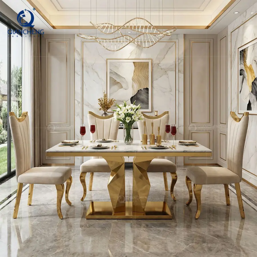 Foshan China Marble Dining Table Luxury Dinning Room Set With 6 Chairs Modern Marble Top Dinning Table — image 3