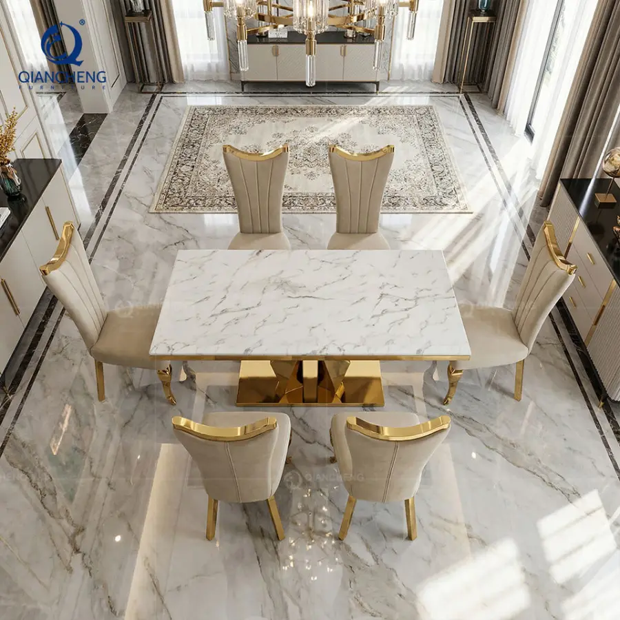 Foshan China Marble Dining Table Luxury Dinning Room Set With 6 Chairs Modern Marble Top Dinning Table — image 4