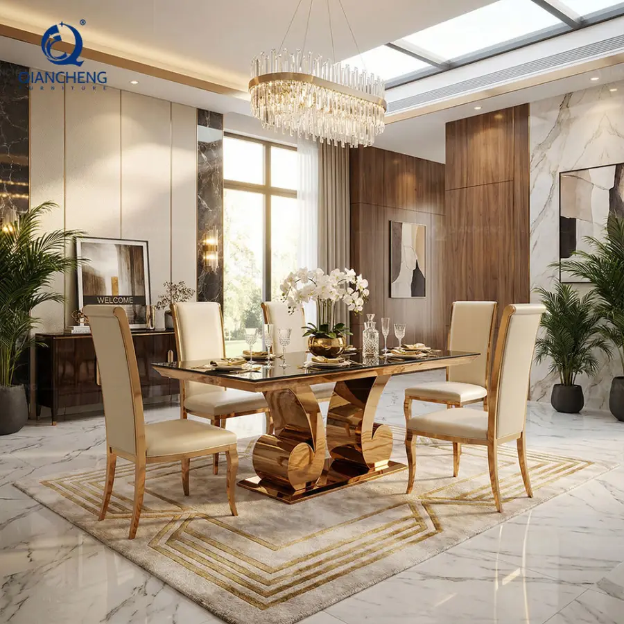 Factory Wholesale Modern Banquet Wedding Hall Dinning Table Home Furniture Rose Stainless Steel Glass Dining Table Set — view 1