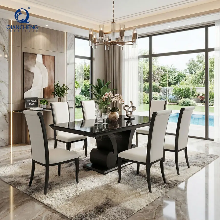 Factory Wholesale Modern Banquet Wedding Hall Dinning Table Home Furniture Rose Stainless Steel Glass Dining Table Set — image 3