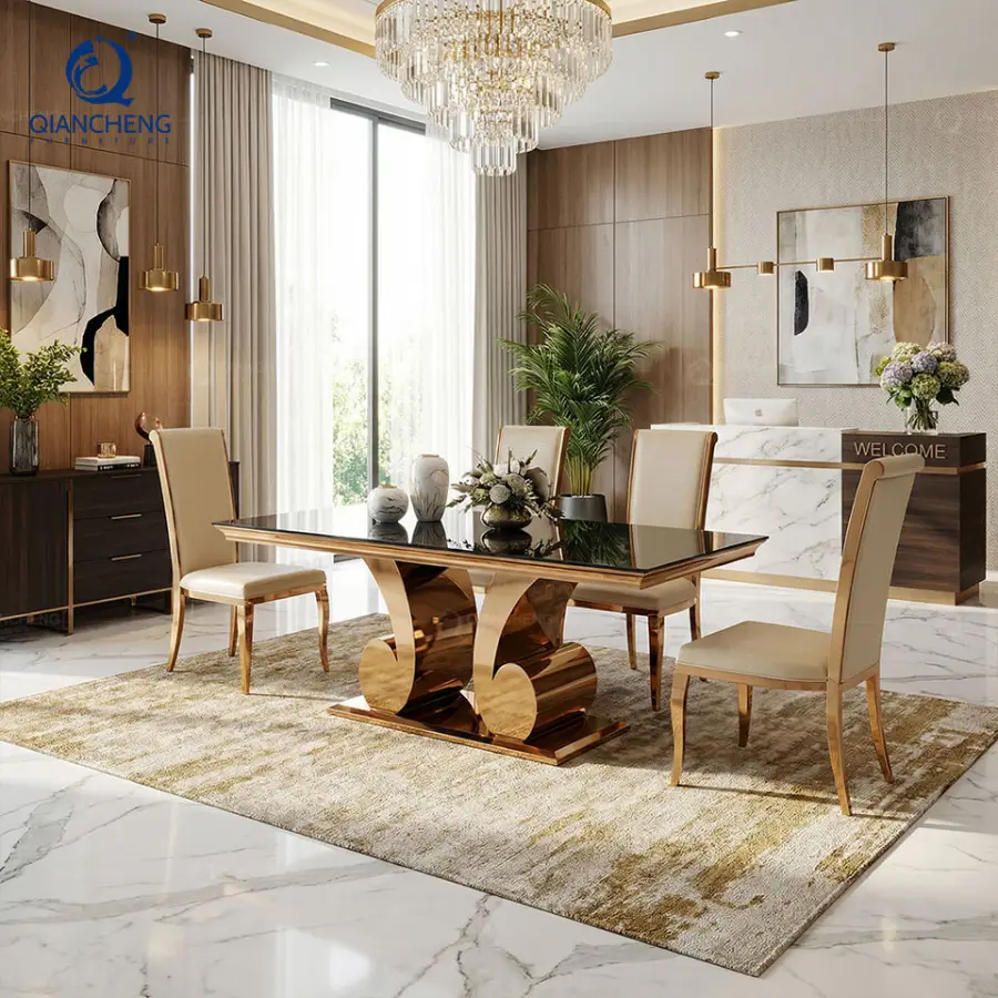 Factory Wholesale Modern Banquet Wedding Hall Dinning Table Home Furniture Rose Stainless Steel Glass Dining Table Set — image 4