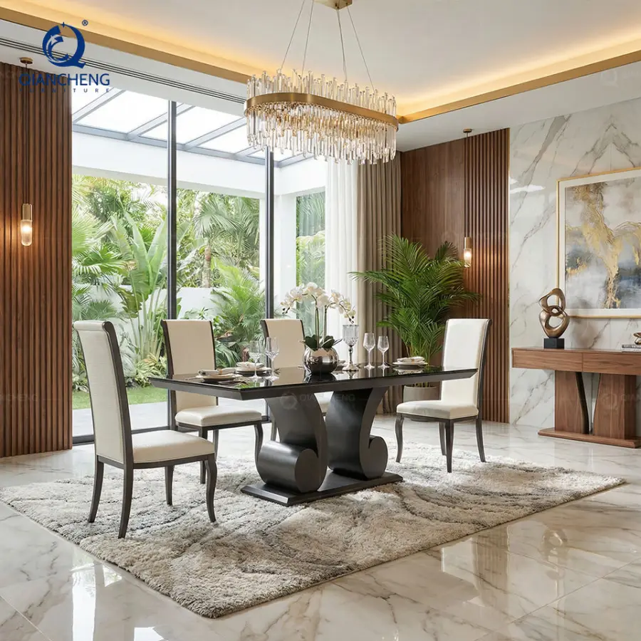 Factory Wholesale Modern Banquet Wedding Hall Dinning Table Home Furniture Rose Stainless Steel Glass Dining Table Set — image 5