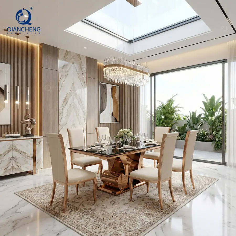 Factory Wholesale Modern Banquet Wedding Hall Dinning Table Home Furniture Rose Stainless Steel Glass Dining Table Set — image 6