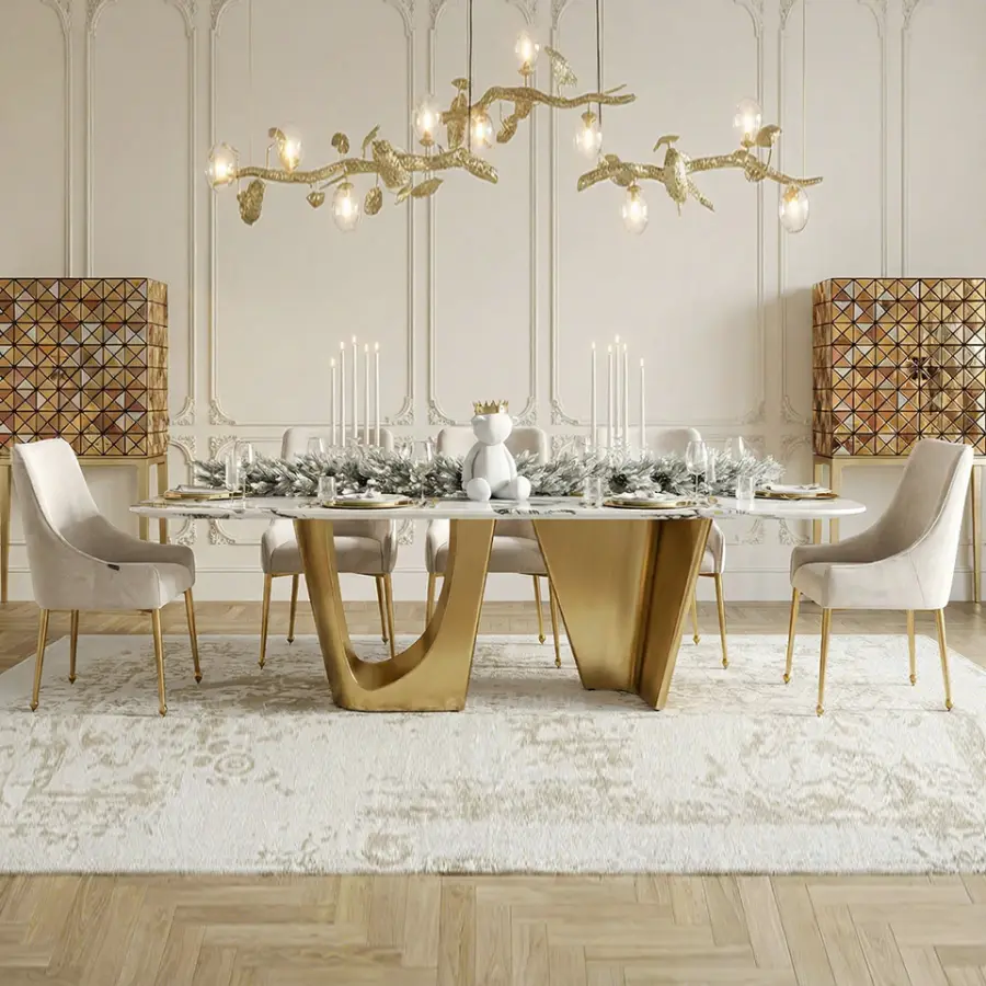 Dining Tables and Chairs Luxury Table Marble Stainless Steel Dining Table Set 8 Seater Modern Design — view 1