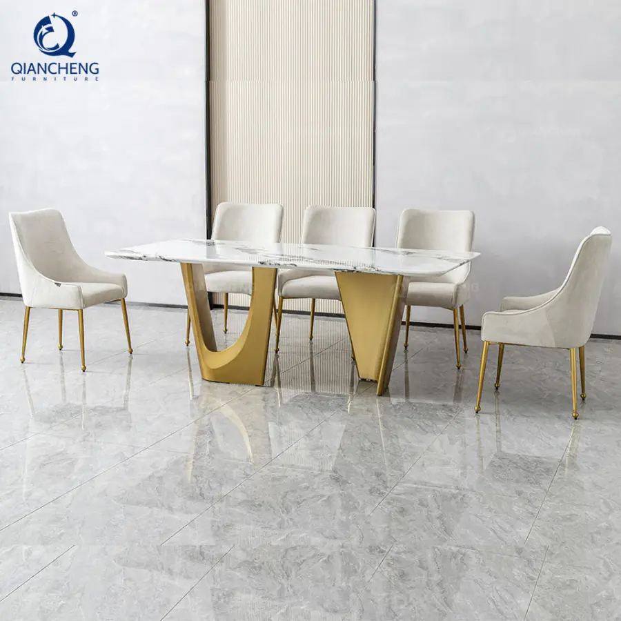 Dining Tables and Chairs Luxury Table Marble Stainless Steel Dining Table Set 8 Seater Modern Design — image 4