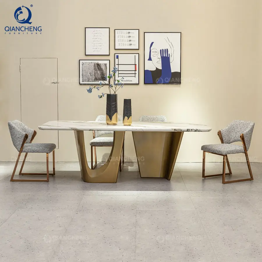 Dining Tables and Chairs Luxury Table Marble Stainless Steel Dining Table Set 8 Seater Modern Design — image 5