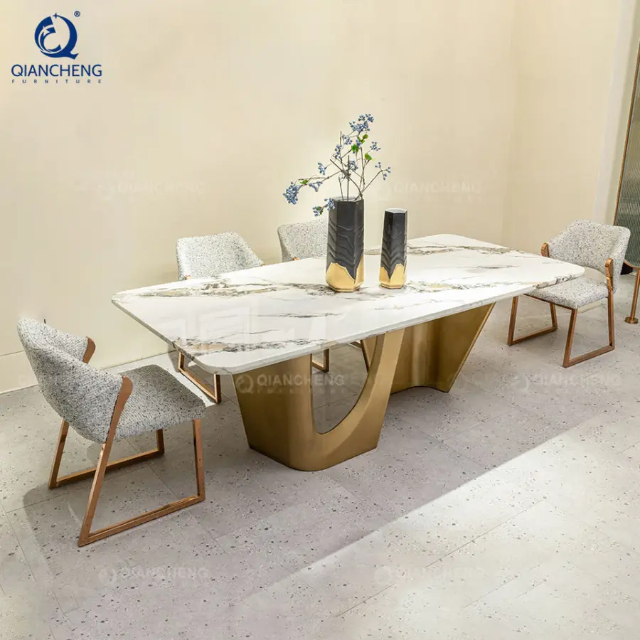 Dining Tables and Chairs Luxury Table Marble Stainless Steel Dining Table Set 8 Seater Modern Design — image 6