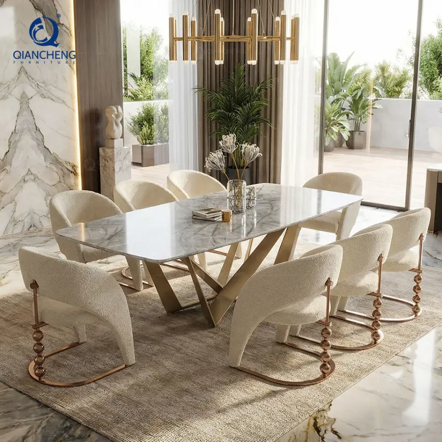 American Modern Simple Royal 6 8 10 Seater Dinner Table Set Marble Stainless Steel Metal Living Dining Room Table Furnit — view 1