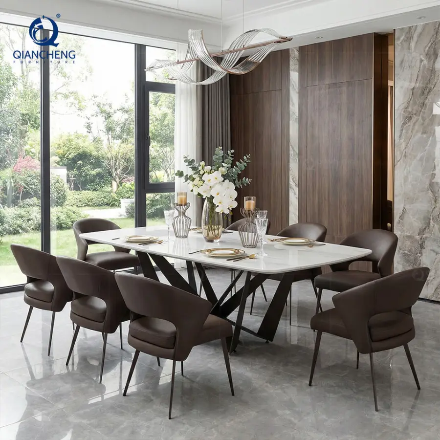 American Modern Simple Royal 6 8 10 Seater Dinner Table Set Marble Stainless Steel Metal Living Dining Room Table Furniture — image 3