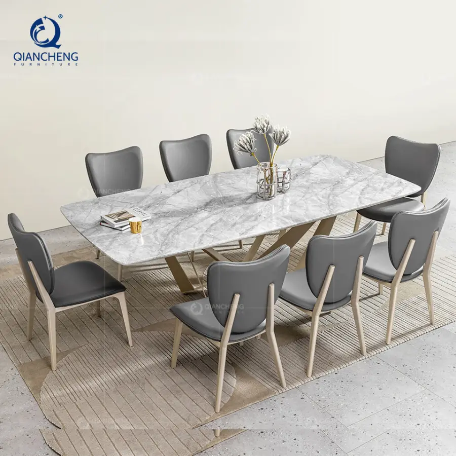 American Modern Simple Royal 6 8 10 Seater Dinner Table Set Marble Stainless Steel Metal Living Dining Room Table Furniture — image 4