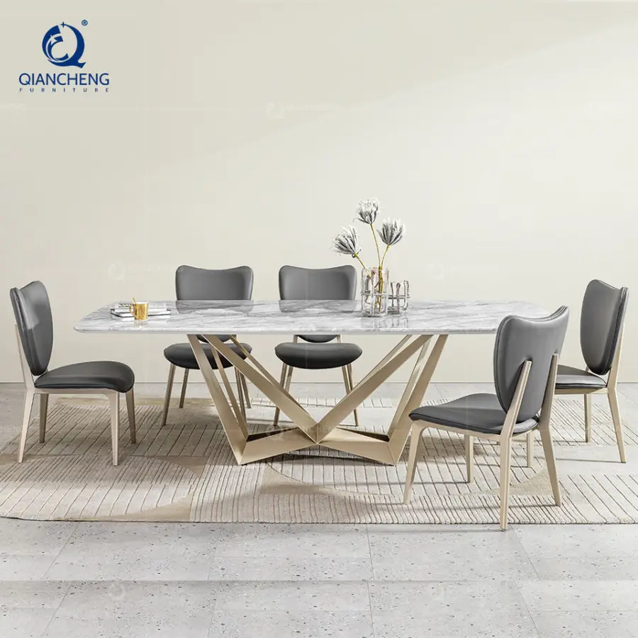 American Modern Simple Royal 6 8 10 Seater Dinner Table Set Marble Stainless Steel Metal Living Dining Room Table Furniture — image 5