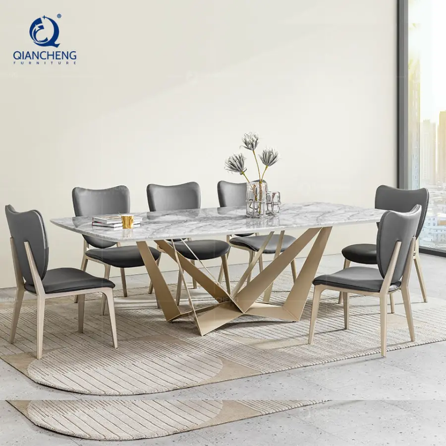 American Modern Simple Royal 6 8 10 Seater Dinner Table Set Marble Stainless Steel Metal Living Dining Room Table Furniture — image 6