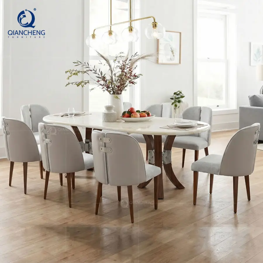 New Design Marble Dining Table Set 6 Seater Stainless Steel Wood Grain Table Dinning Room Furniture Modern Luxury Nordic — view 1