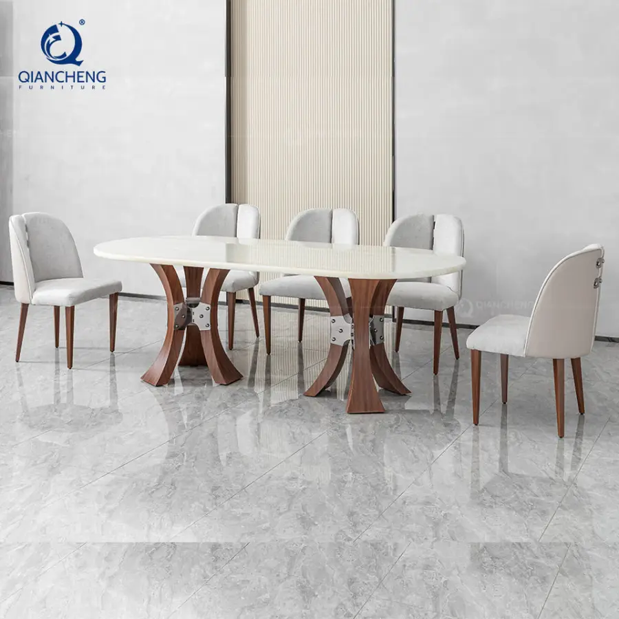 New Design Marble Dining Table Set 6 Seater Stainless Steel Wood Grain Table Dinning Room Furniture Modern Luxury Nordic Silla — image 3