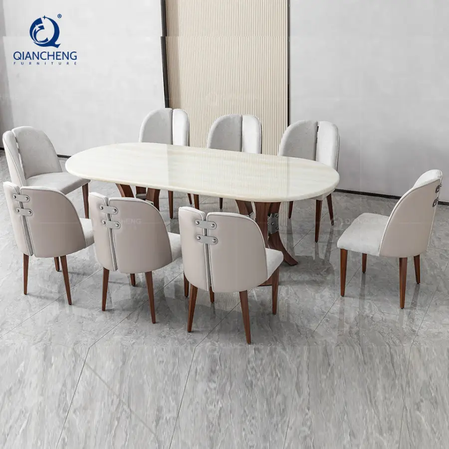 New Design Marble Dining Table Set 6 Seater Stainless Steel Wood Grain Table Dinning Room Furniture Modern Luxury Nordic Silla — image 4