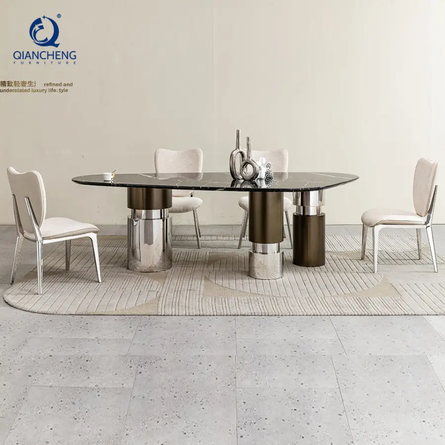 High End Dining Table Set Modern Minimalist Pure Natural Marble Stainless Steel Dining Table Furniture Manufacturers in Foshan — image 6