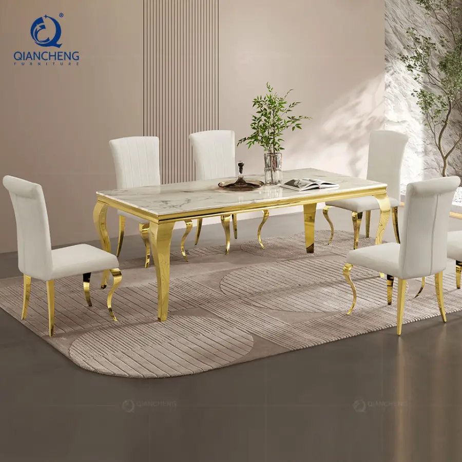 Scandinavian Marble Top Dinning Kitchen Room Sets Luxury Dining Table and 6 Chairs Combina — image 3
