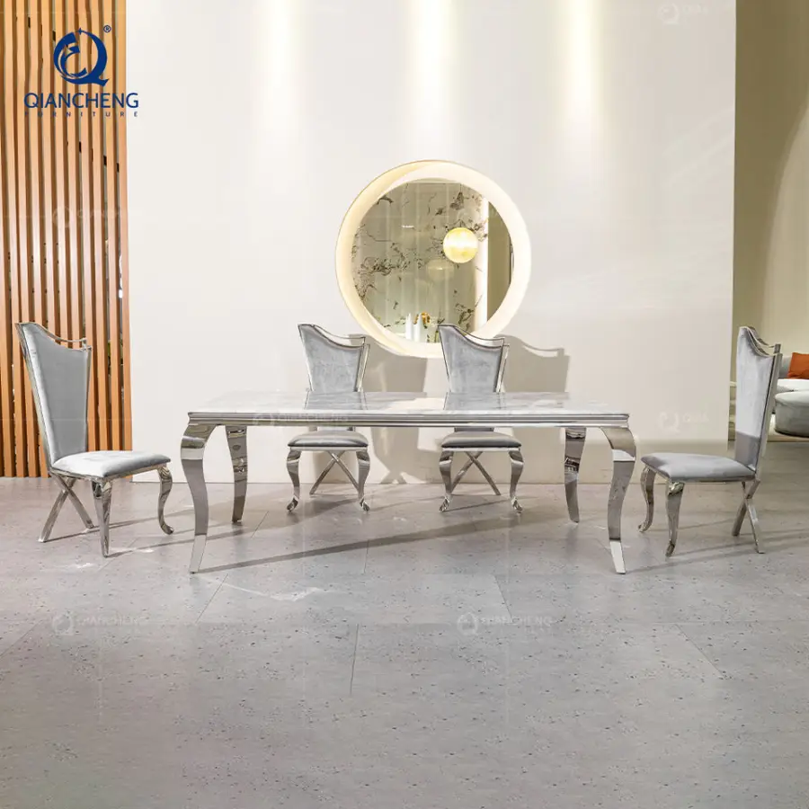 Scandinavian Marble Top Dinning Kitchen Room Sets Luxury Dining Table and 6 Chairs Combina — image 4