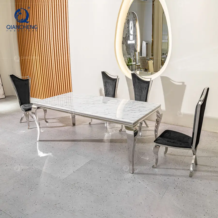 Scandinavian Marble Top Dinning Kitchen Room Sets Luxury Dining Table and 6 Chairs Combina — image 5