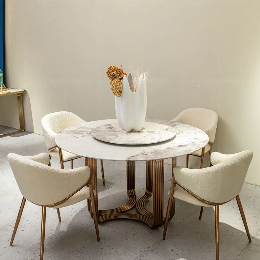 Modern Luxury Style White Round Marble Top Dining Table Sets with Turntable and 6 Chairs for Restaurant Furniture — image 3