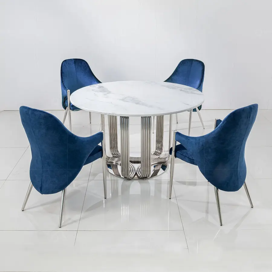 Modern Luxury Style White Round Marble Top Dining Table Sets with Turntable and 6 Chairs for Restaurant Furniture — image 4