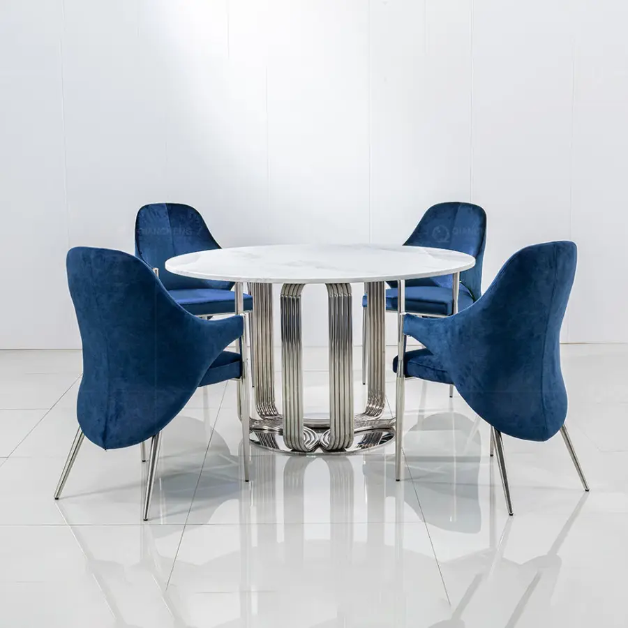 Modern Luxury Style White Round Marble Top Dining Table Sets with Turntable and 6 Chairs for Restaurant Furniture — image 6