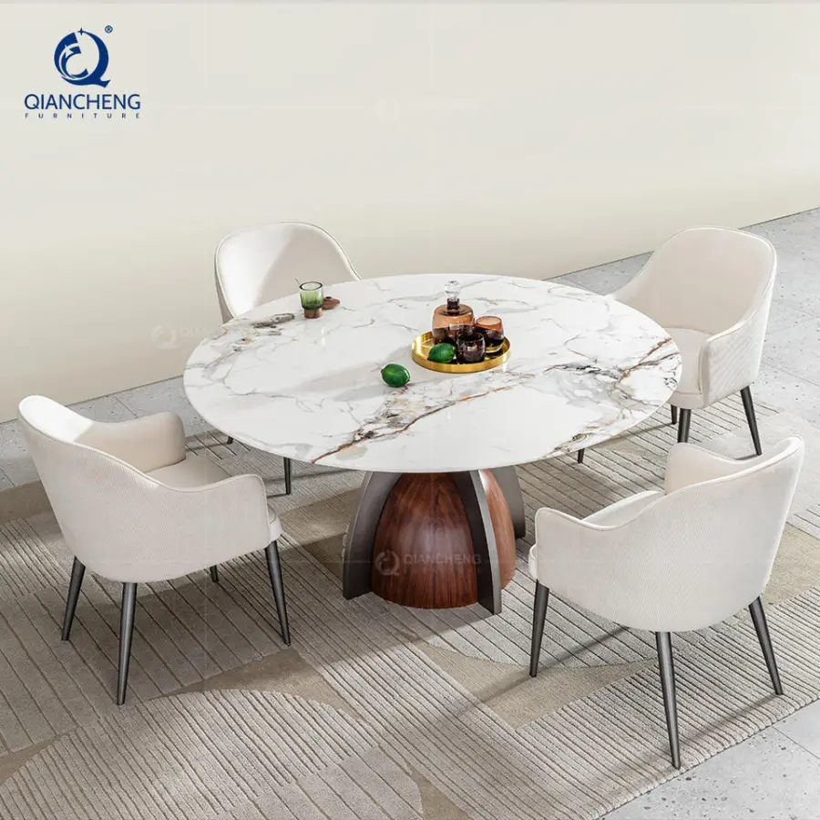 Modern Style Hotel Cafe Shop Restaurant Table Designer Furniture Luxury Stainless Steel Base Kitchen Round Dining Room Table Set — image 3