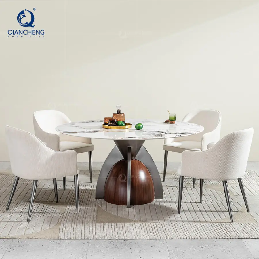 Modern Style Hotel Cafe Shop Restaurant Table Designer Furniture Luxury Stainless Steel Base Kitchen Round Dining Room Table Set — image 4