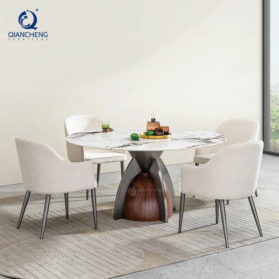 Modern Style Hotel Cafe Shop Restaurant Table Designer Furniture Luxury Stainless Steel Base Kitchen Round Dining Room Table Set — image 5