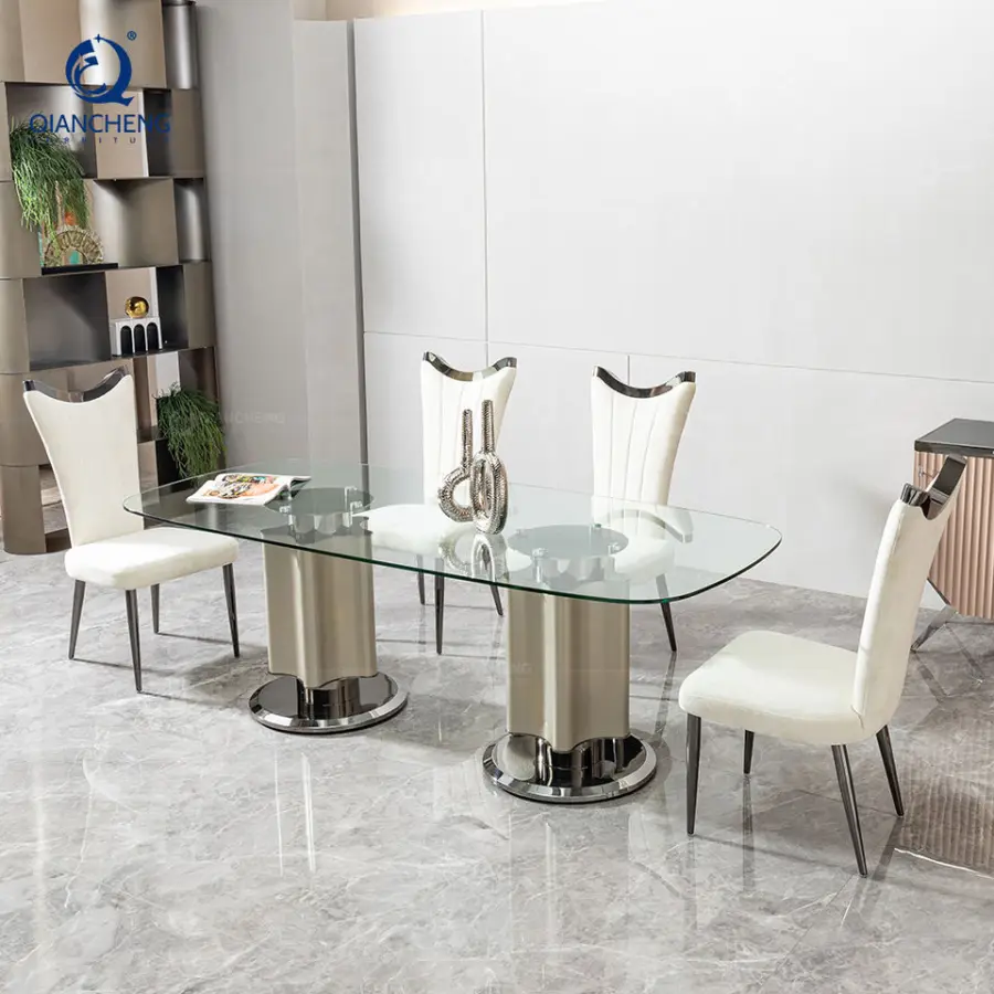 Turkish Spanish Elegant Dining Room Table Furniture in Glass Villa Good Quality 2m Full Glass Top Banquet Dining Table a — view 1