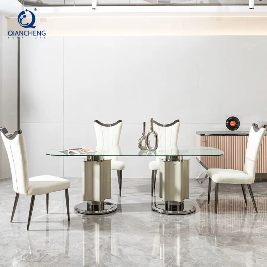 Turkish Spanish Elegant Dining Room Table Furniture in Glass Villa Good Quality 2m Full Glass Top Banquet Dining Table and Chair — image 3