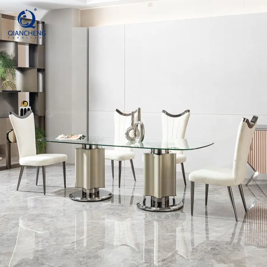 Turkish Spanish Elegant Dining Room Table Furniture in Glass Villa Good Quality 2m Full Glass Top Banquet Dining Table and Chair — image 4