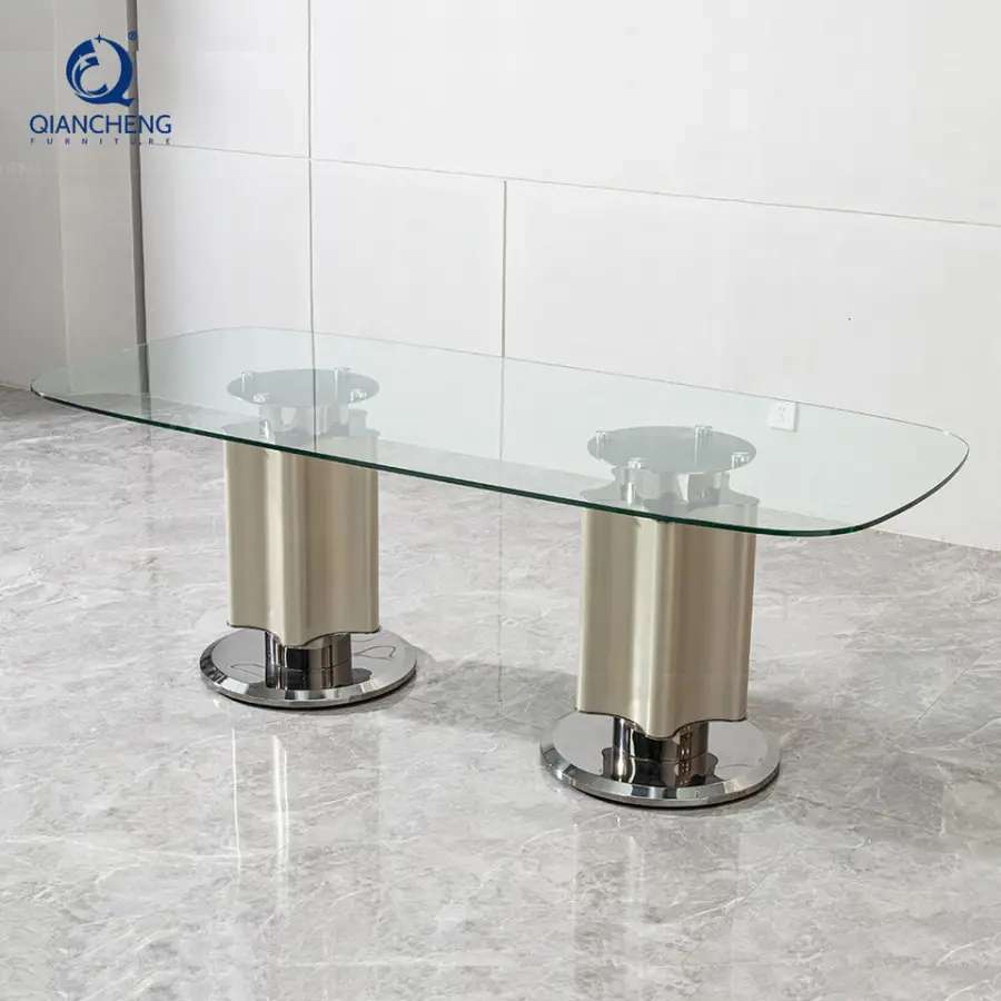 Turkish Spanish Elegant Dining Room Table Furniture in Glass Villa Good Quality 2m Full Glass Top Banquet Dining Table and Chair — image 6