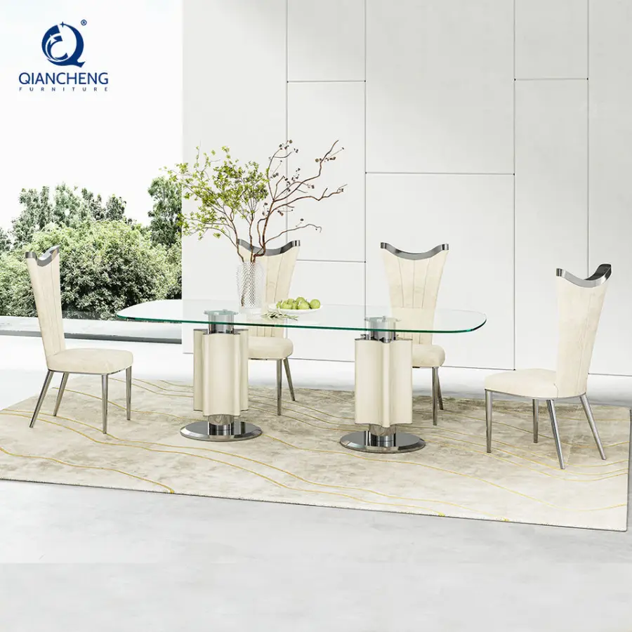 Turkish Spanish Elegant Dining Room Table Furniture in Glass Villa Good Quality 2m Full Glass Top Banquet Dining Table and Chair — image 7
