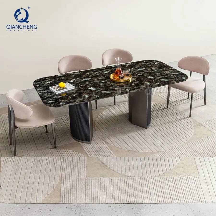 Customized Natural Marble Rectangle Dining Table Set Home Furniture Luxury Metal Base Hotel Villa Dinning Room Table 6 S — view 1