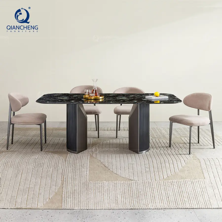 Customized Natural Marble Rectangle Dining Table Set Home Furniture Luxury Metal Base Hotel Villa Dinning Room Table 6 Seat — image 3