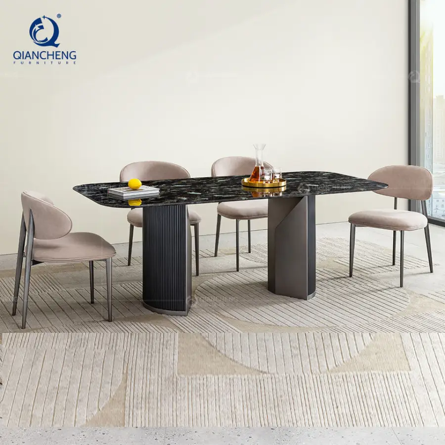 Customized Natural Marble Rectangle Dining Table Set Home Furniture Luxury Metal Base Hotel Villa Dinning Room Table 6 Seat — image 4