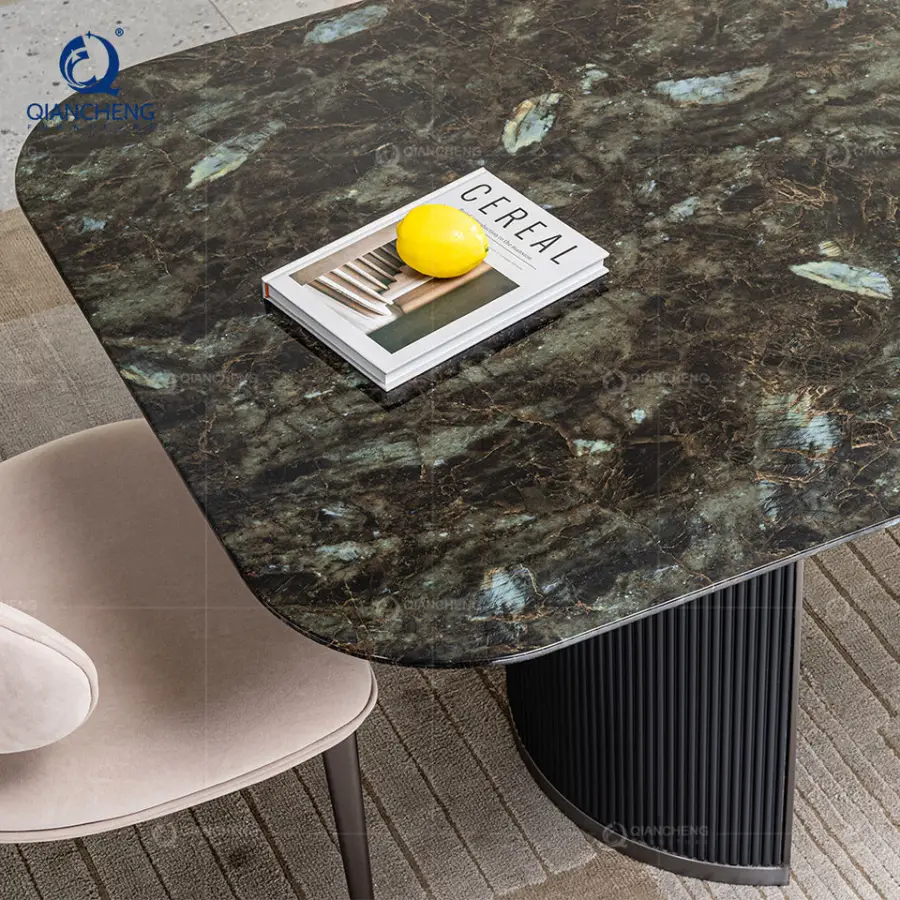 Customized Natural Marble Rectangle Dining Table Set Home Furniture Luxury Metal Base Hotel Villa Dinning Room Table 6 Seat — image 5