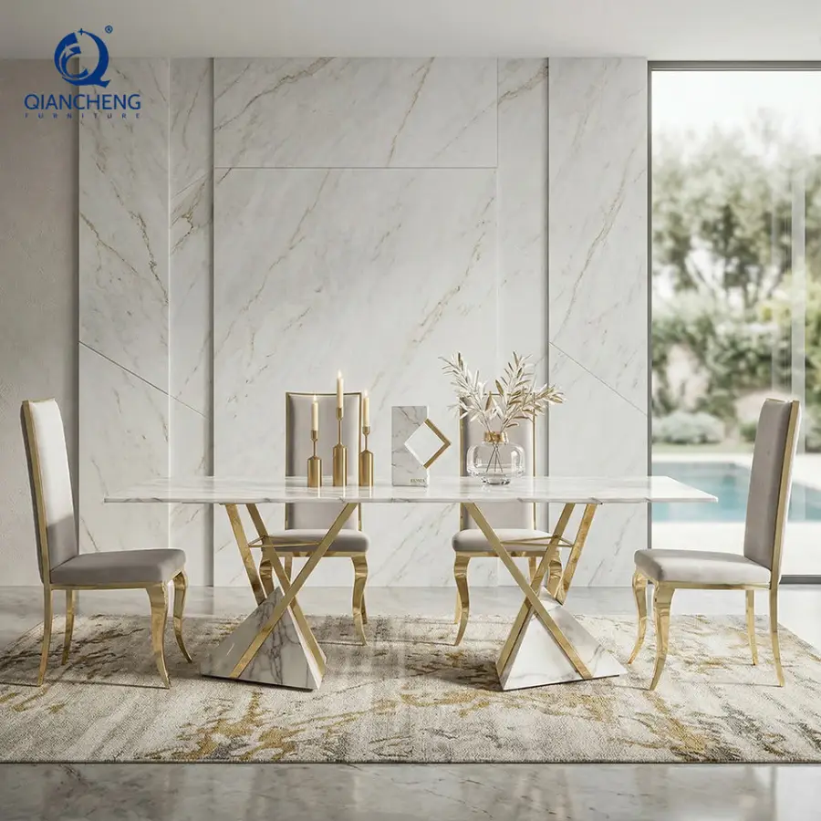 High Gloss Marble Dinning Furnitures Good Quality Dining Room Set Italian Style Modern Dining Table — image 3