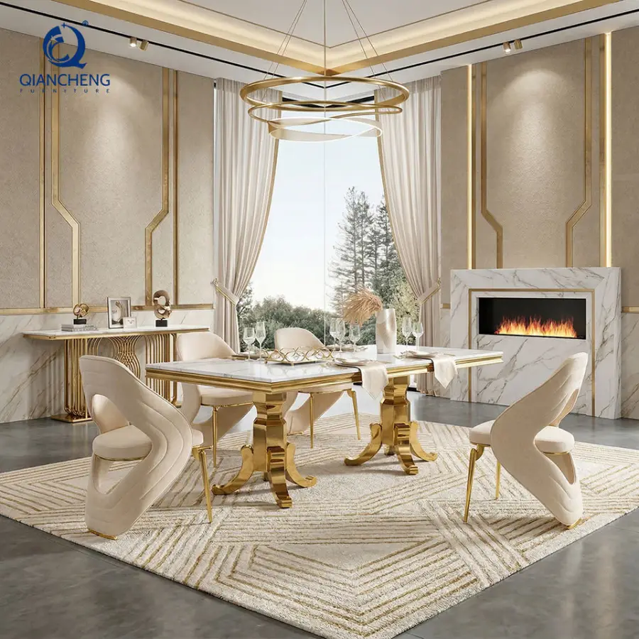 QIANCHENG Light Luxury Home Furniture 304 Gold Stainless Steel Dinning Room Marble Top Dining Table Set — image 3