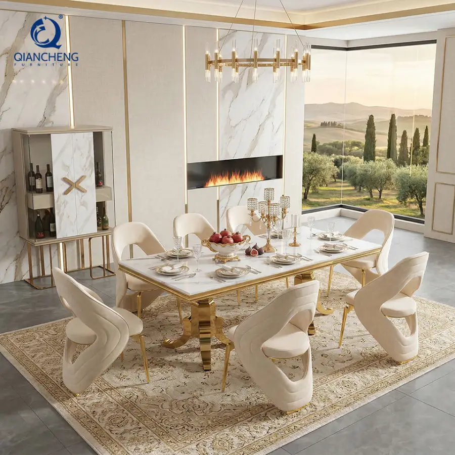 QIANCHENG Light Luxury Home Furniture 304 Gold Stainless Steel Dinning Room Marble Top Dining Table Set — image 4