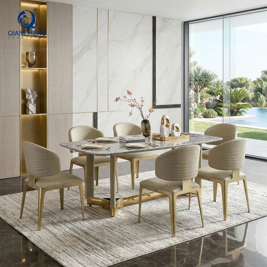 QIANCHENG Modern Luxury Furnitures Mirror Golden Dinners Table Dining Room Set Marble Dinning Table 4 Seater — view 1