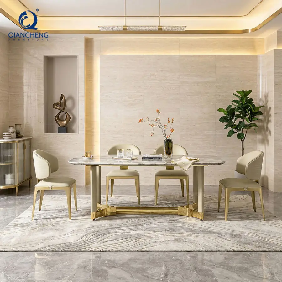 QIANCHENG Modern Luxury Furnitures Mirror Golden Dinners Table Dining Room Set Marble Dinning Table 4 Seater — image 3