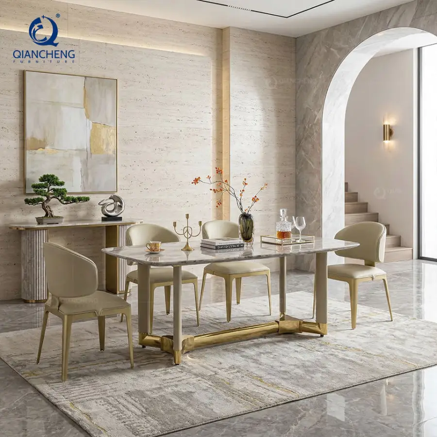 QIANCHENG Modern Luxury Furnitures Mirror Golden Dinners Table Dining Room Set Marble Dinning Table 4 Seater — image 4